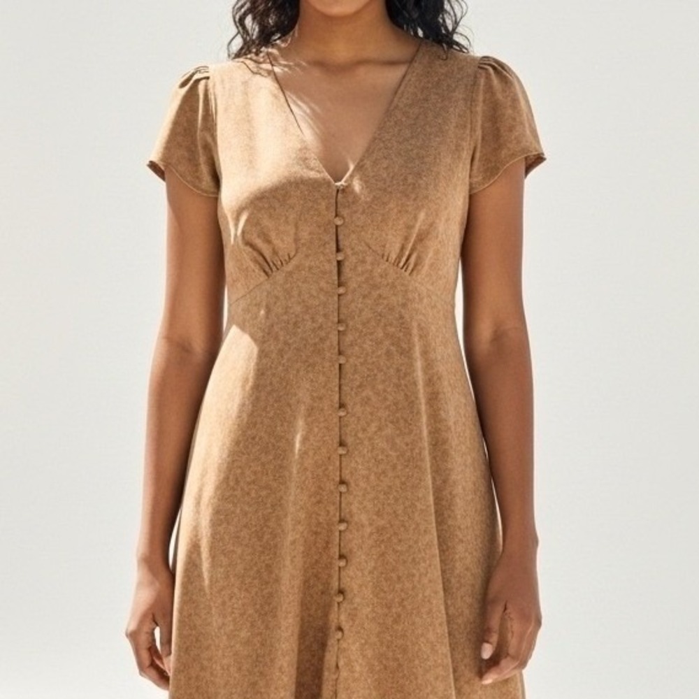 Tan Floral Print Button Front Midi Dress Short Sleeve V Neck